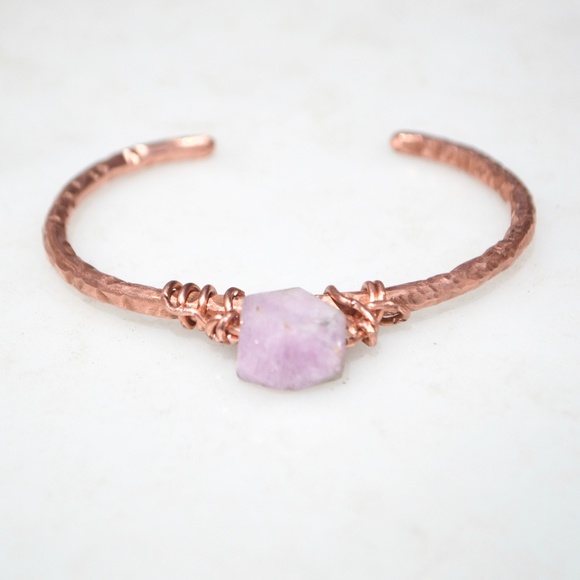Pink Kunzite Copper Bangle Cuff Bracelet Wire Wrap solid gemstone - Picture 7 of 7